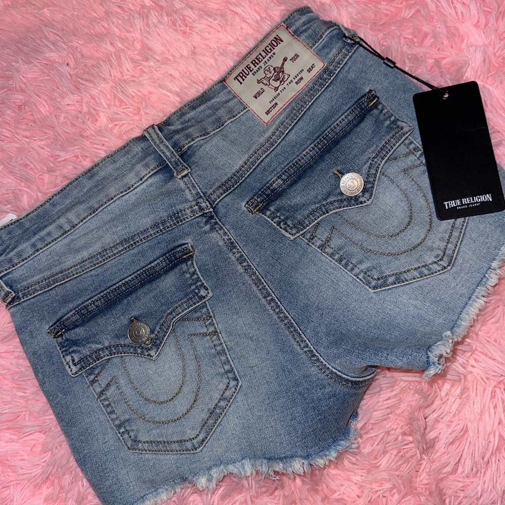 True Religion Faded Light Blue Denim Cutoff Shorts
